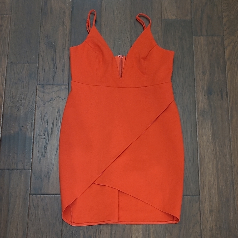Lulus Reddish Orange Cocktail Dress with Dramatic Asymmetrical Front Split XL